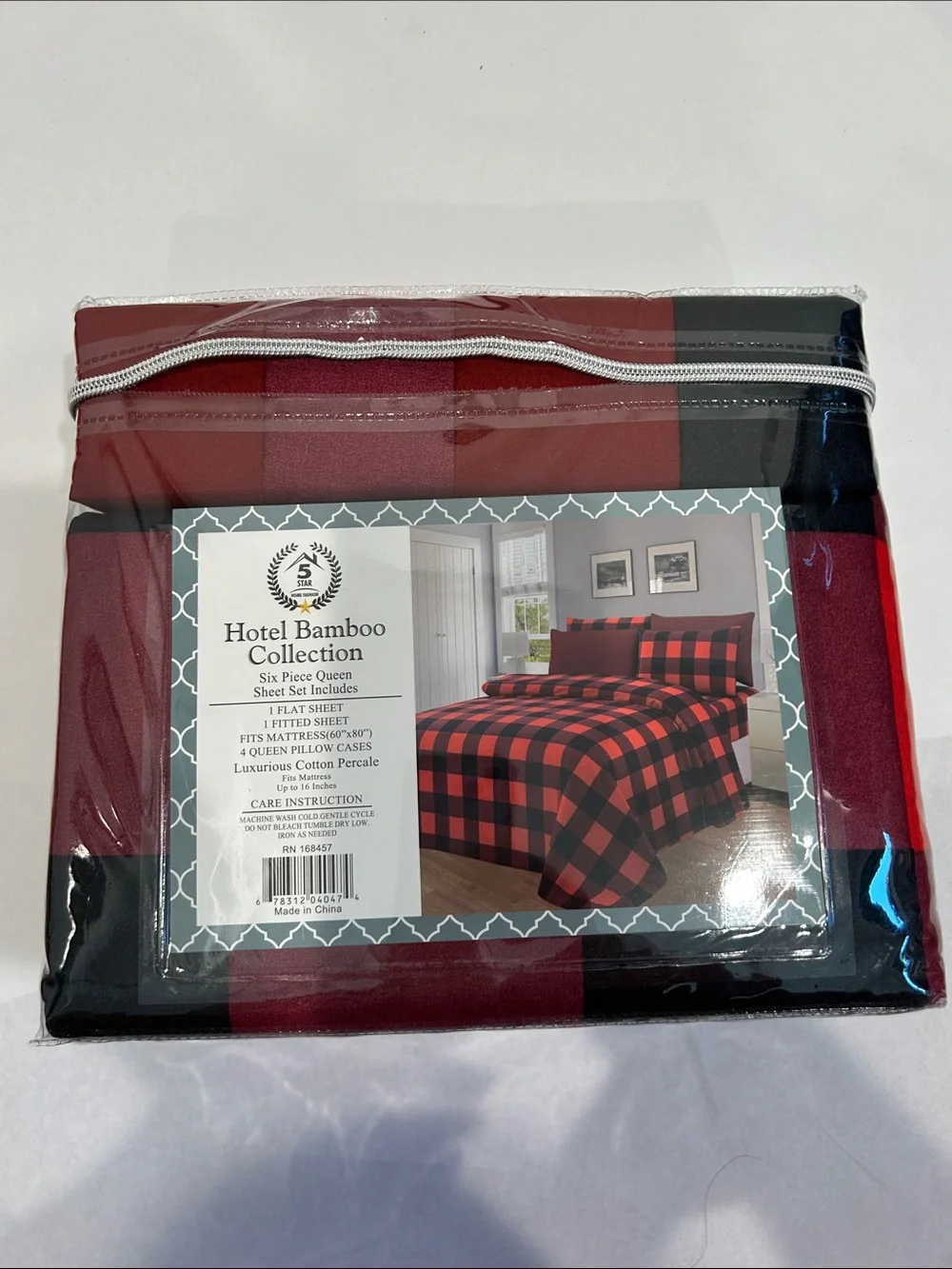 Queen Sheet Set Red and Black Buffalo Plaid 6 piece hotel bamboo collection new